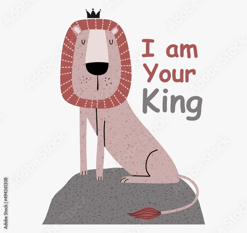 a cute funny lion in a crown. Isolated objects on white background. Scandinavian style flat design. Concept for children print.