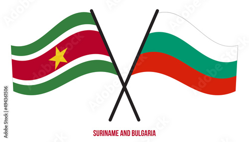 Suriname and Bulgaria Flags Crossed And Waving Flat Style. Official Proportion. Correct Colors.