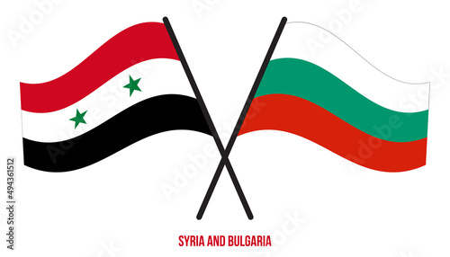 Syria and Bulgaria Flags Crossed And Waving Flat Style. Official Proportion. Correct Colors.