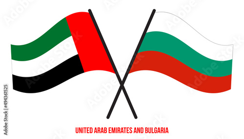 United Arab Emirates and Bulgaria Flags Crossed And Waving Flat Style. Official Proportion.