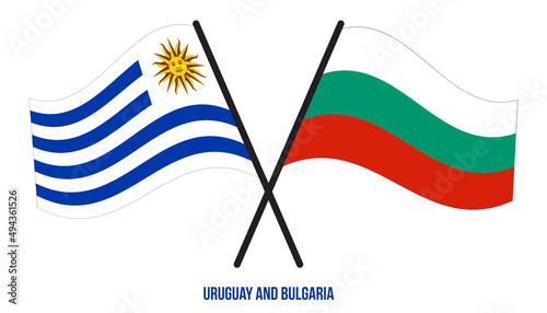 Uruguay and Bulgaria Flags Crossed And Waving Flat Style. Official Proportion. Correct Colors.