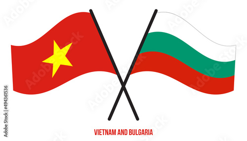 Vietnam and Bulgaria Flags Crossed And Waving Flat Style. Official Proportion. Correct Colors.
