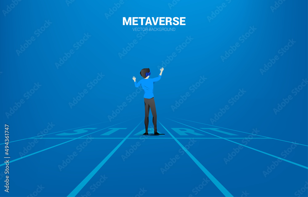 Silhouette man wear VR glasses on start line. Concept of digital virtual reality technology and AR . Silhouette man wear VR glasses on start line. Concept of digital virtual reality technology and AR .
