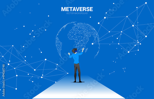 Silhouette man wear VR glasses with 3D world map. Concept of digital virtual reality technology and AR .