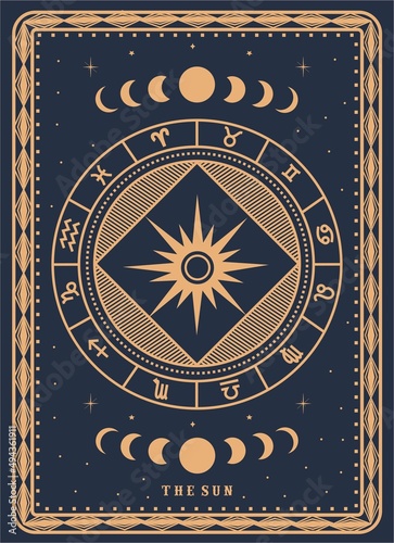 
The sun tarot card with engraving,  luxury, esoteric, fit for paranormal, tarot reader, astrologer or tattoo Premium Vector.  Tarot Card Minimalist Vector Ilustration, The Sun 