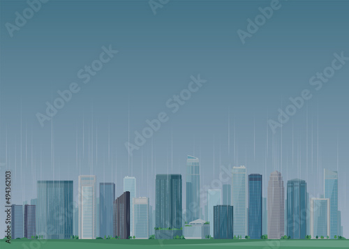 Rainy cityscape with dark sky background. Vector illustration of city landscape with modern downtown skyscrapers and buildings.
