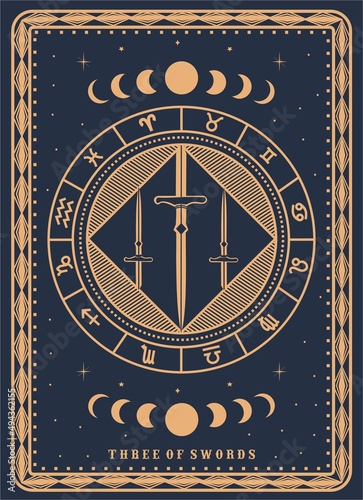 The swords tarot card with engraving,  luxury, esoteric, fit for paranormal, tarot reader, astrologer or tattoo Premium Vector. 
Tarot Card Minimalist Vector Ilustration, The Swords