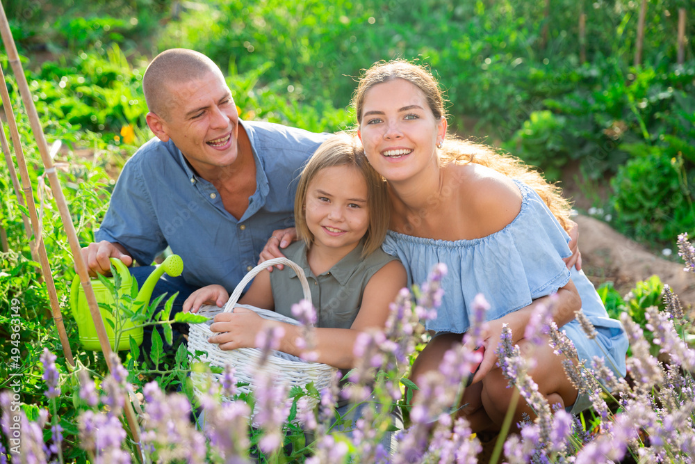 Fototapeta premium Parents and their daughter spending time together in their garden