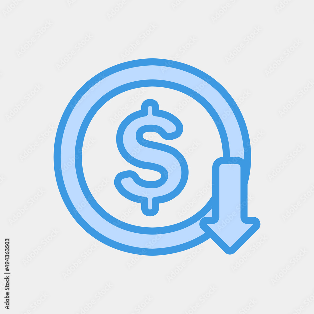 Dollar down icon in blue style about currency, use for website mobile app presentation Dollar down icon in blue style about currency, use for website mobile app presentation