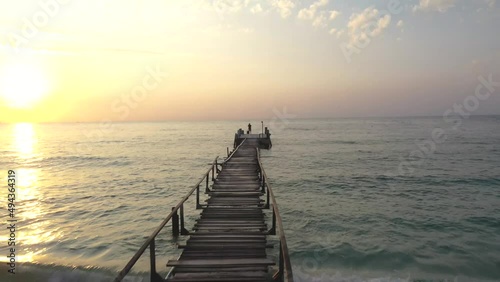 Aerial drone footage fly above wooden pier in tropic island Thailand, Koh Samed