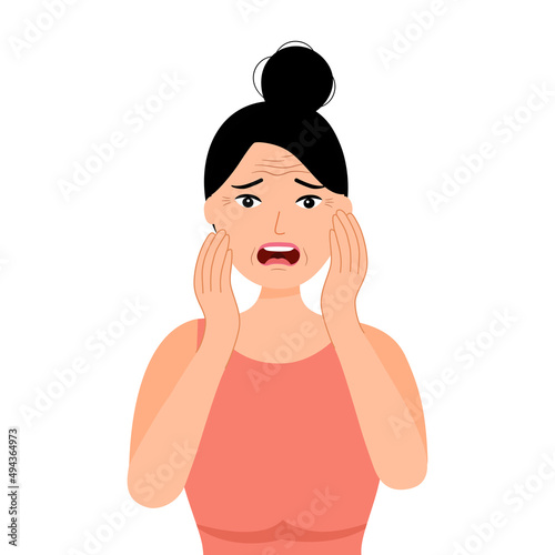 Young woman worrying about her wrinkle on face in flat design. Wrinkle aging problem on female skin.