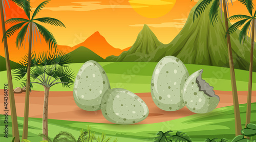 Fototapeta Naklejka Na Ścianę i Meble -  Scene with dinosaur eggs in the field