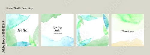 Watercolor social media template. Hand painted abstract vector background. Brush stroke texture. Spring  summer bright leaf  plaints illustration.