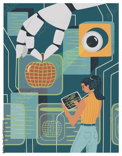 Woman controls robotic arm with digital tablet. Diversity and Break the science bias concept vector illustration. Women in tech. Innovative technologies in science. Female developer
