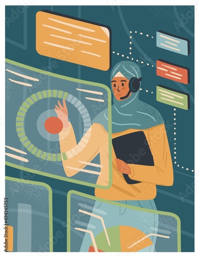 Muslim woman in hijab works with virtual reality screens. Female engineer and data analytic. Diversity and Break the science bias concept vector illustration. Women in tech. Innovative technologies