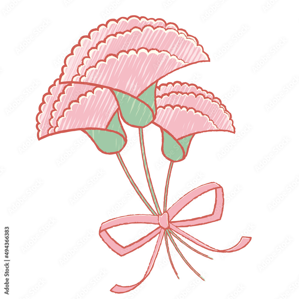 Obraz premium リボンのついたピンクのカーネーションの花束【手描き風】