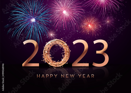Colorful fireworks 2023 New Year vector illustration, bright on dark blue background, text Happy New Year. Flat style abstract, geometric design. Concept for holiday decor, card, poster, banner, flyer