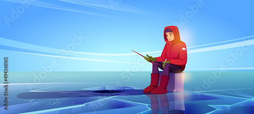 Man on ice fishing on frozen lake. Vector cartoon illustration of winter landscape with hole in blue frozen river and fisherman sitting with rod. Concept of season hobby, leisure activity © klyaksun