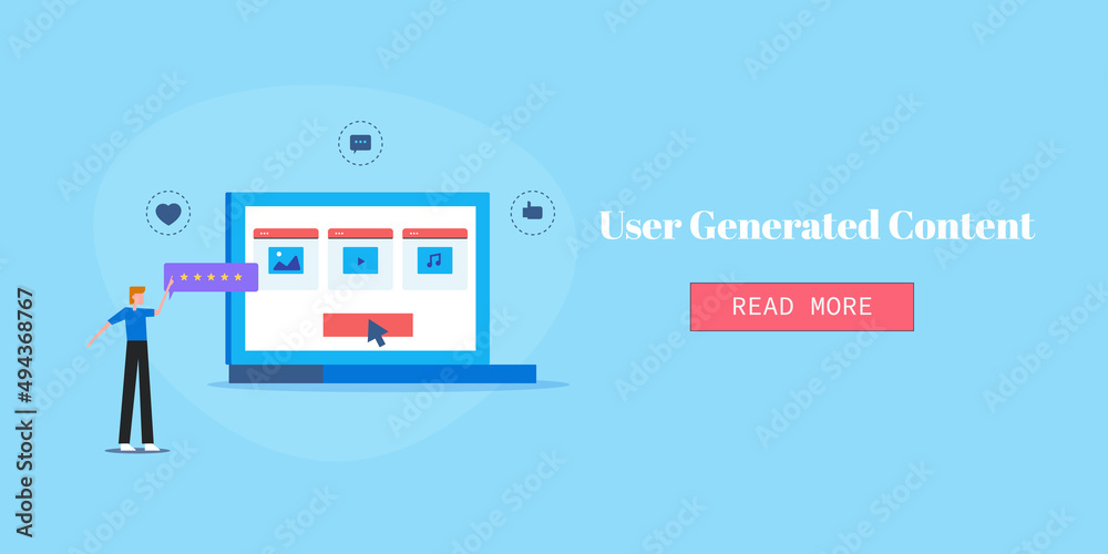 User generated content - UGC, content marketing strategy, influencer marketing for online business brand, flat design web banner template.