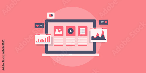 Content insight, data analytics software indicates content marketing performance information, statistics on dashboard, social media content monitoring tool. Flat design web banner template. 
