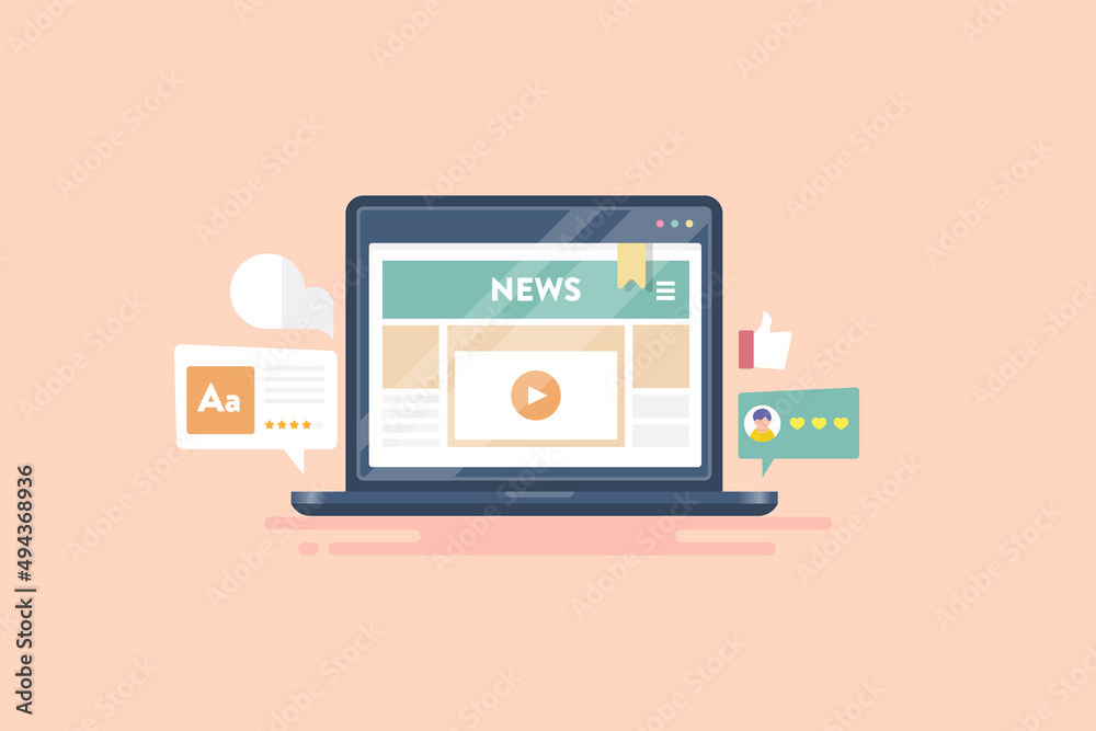 Online news portal on laptop screen, native ads on news website, press release, content, digital communication concept, flat design web banner. Online news portal on laptop screen, native ads on news website, press release, content, digital communication concept, flat design web banner.