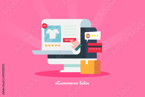 Buy and sales from ecommerce webstore, hand clicks on add to cart button, paying with credit card, online package delivery, customer experience review concept, flat design web banner template.