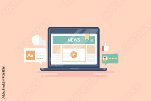 Online news portal on laptop screen, native ads on news website, press release, content, digital communication concept, flat design web banner.