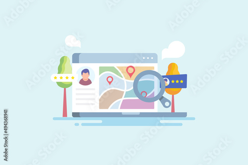 Local seo, find business near location, local shop customer review on search engine, web page visibility increase in local search result. Flat design web banner template.