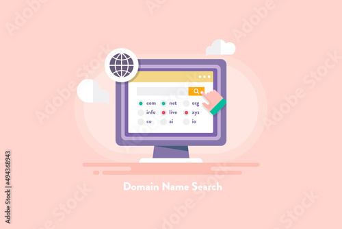 Domain name search, domain registration, find website, web hosting and management concept. Flat design web banner template.