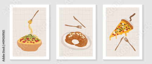 Food and bakery wall art vector set. Hand drawn doodle design with Spaghetti, Croissant and Pizza. Illustration for prints, wallpaper, cover, restaurant picture decoration.  