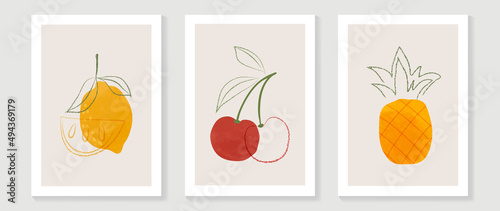 Abstract fruit wall art set. Collection of minimal drawing with branches, oranges, Pineapple and Cherry . Spring season watercolor perfect for decoration, interior, background, wallpaper.
