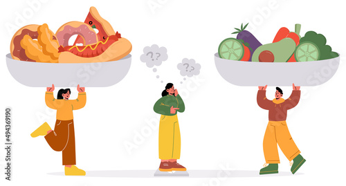Woman choose between healthy and unhealthy food. Tiny characters holding huge plates with fastfood by one side and fresh vegetables or fruits by another side, diet choice, Line art vector illustration
