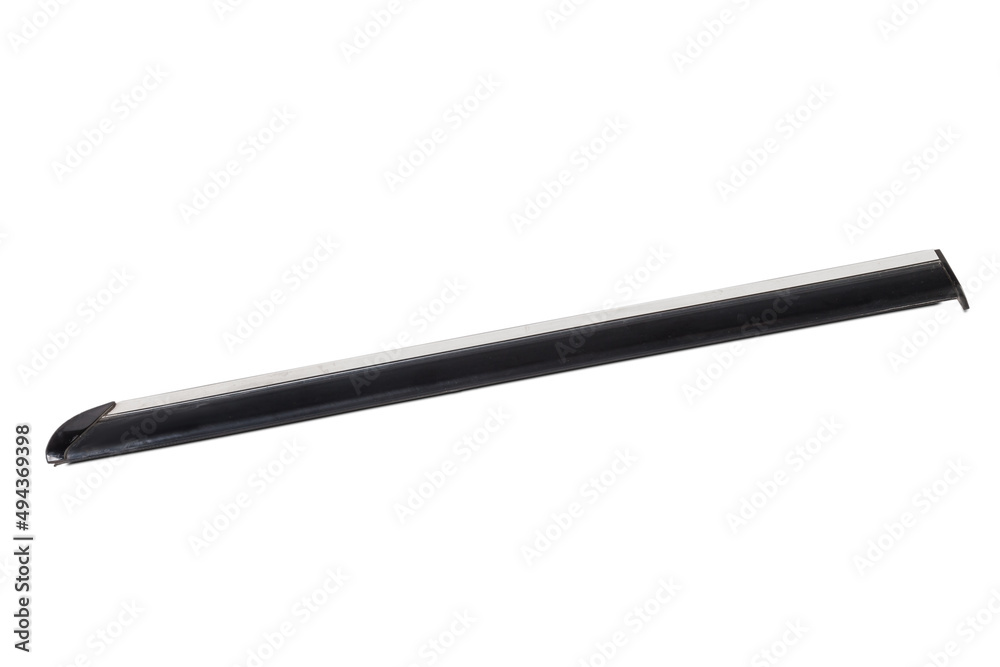 Black plastic molding with chrome for car side fender - tuning element for sale in a car service on a white isolated background in a photo studio Black plastic molding with chrome for car side fender - tuning element for sale in a car service on a white isolated background in a photo studio