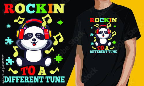 Rocking to a different tune funny panda autism t-shirt colorful puzzle music design.