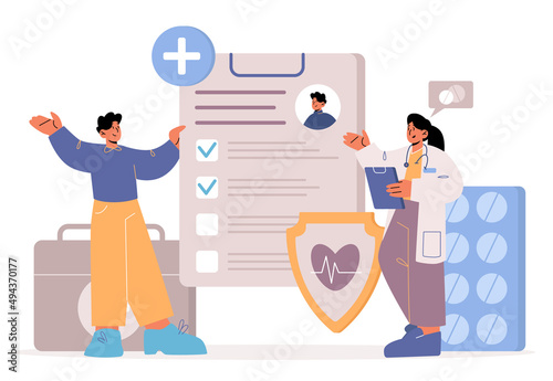 Health insurance medical concept with tiny doctor and patient characters stand at huge policy contract with medicine services check list and shield in hospital or clinic, Line art vector illustration