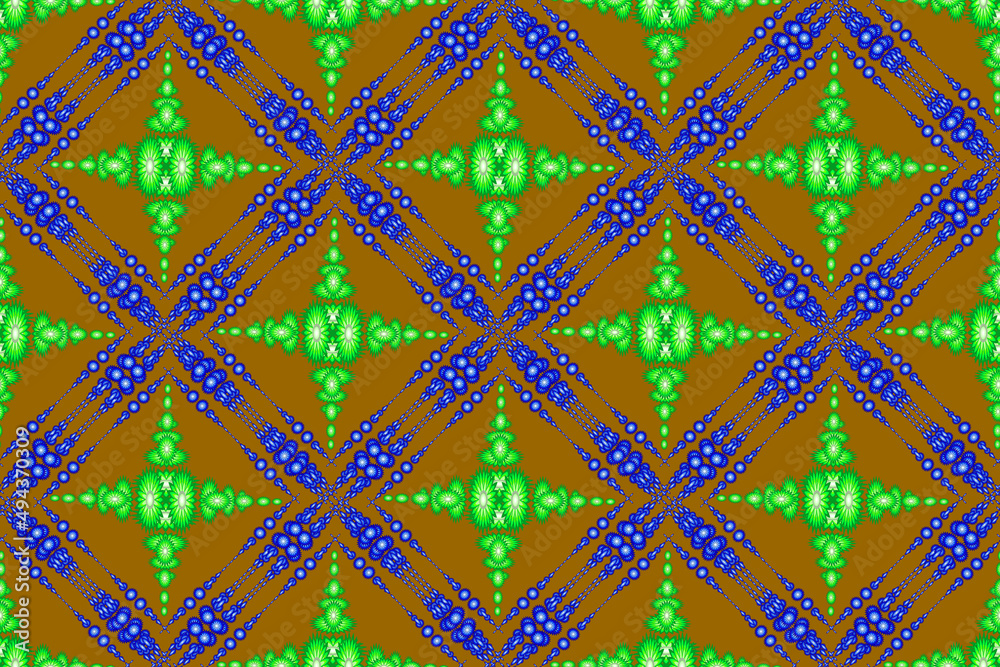 floral pattern, ethnic geometry blue green floral seamless pattern, seamless pattern for curtain design, carpet, wallpaper, clothing, wrap, batik, brown background fabric pattern