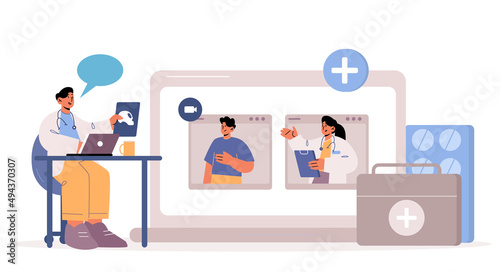 Online medicine, patient and doctors communicate via internet. Medics characters on huge laptop screen distantly listen complaints, healthcare service modern technology Line art vector illustration