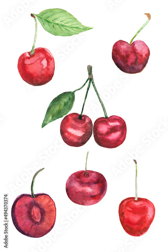 set of ripe red watercolor cherry berries isolated on white.