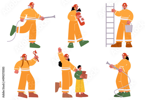 Set of fire fighters male and female characters in uniform holding ladder, water hose, buckets and axe. Group of firemen team working, fighting with blaze, save kid. Linear people vector illustration