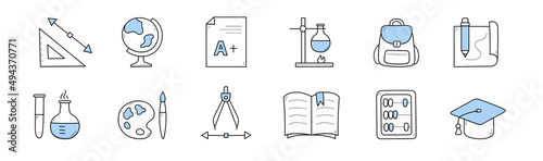 Set school doodle icons protractor, globe, excellent test result. Pencil, backpack and chemical beakers, paints, palette, academic cap, compass, textbook and abacus, Line art vector education signs