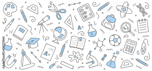 School and science doodle background with education signs. Line art vector protractor, globe, test. Pencil, backpack and chemical beakers, paints, palette, academic cap, compass, cells and abacus photo