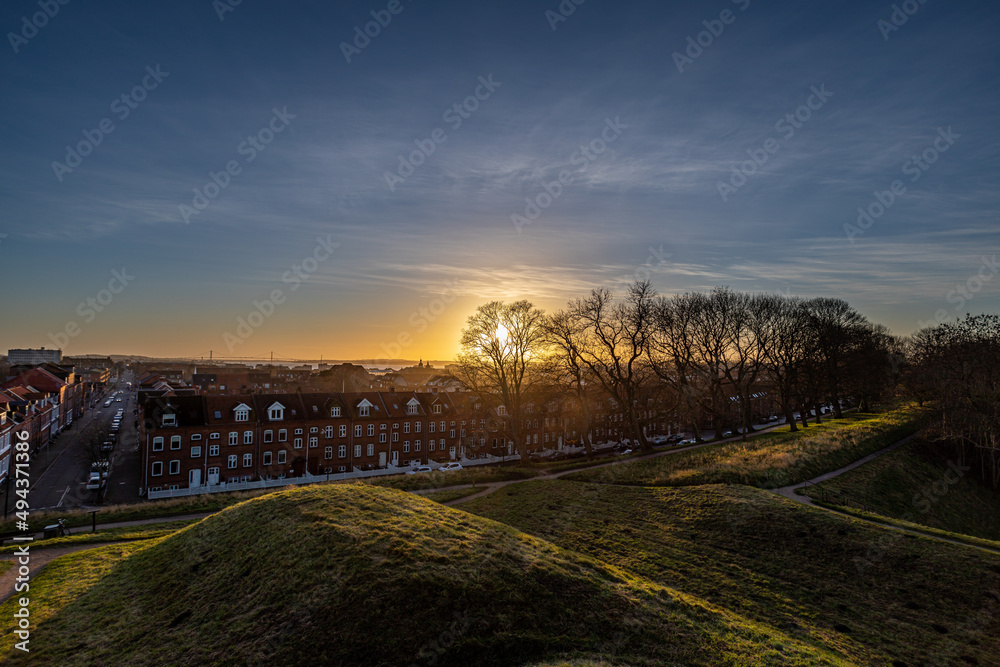 Fredericia, DENMARK - 16 December 2021 - Here a beautiful sunset, with a view of the city