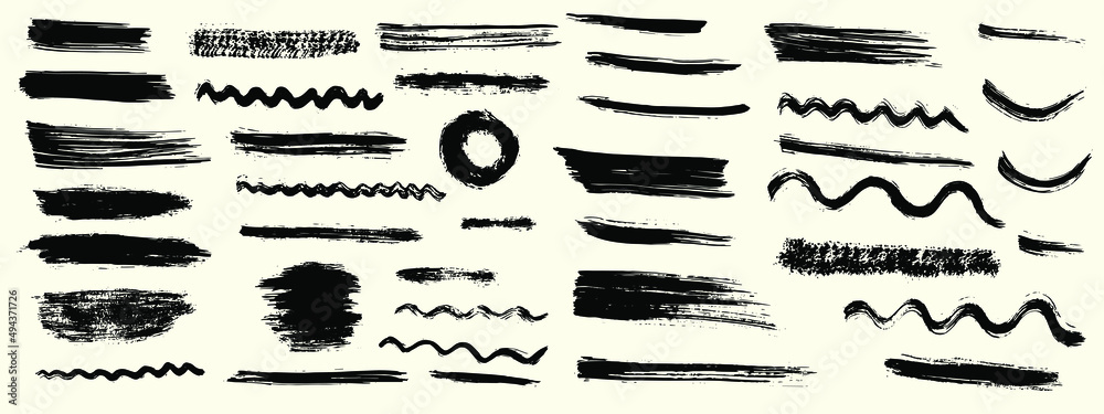 Grunge vector dry paint brush strokes. Isolated, hand drawn collection