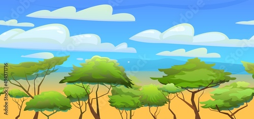 Landscape Africa. Bright blue sky. Scene with sand and plants. Savannah in desert. African acacia trees. Vector
