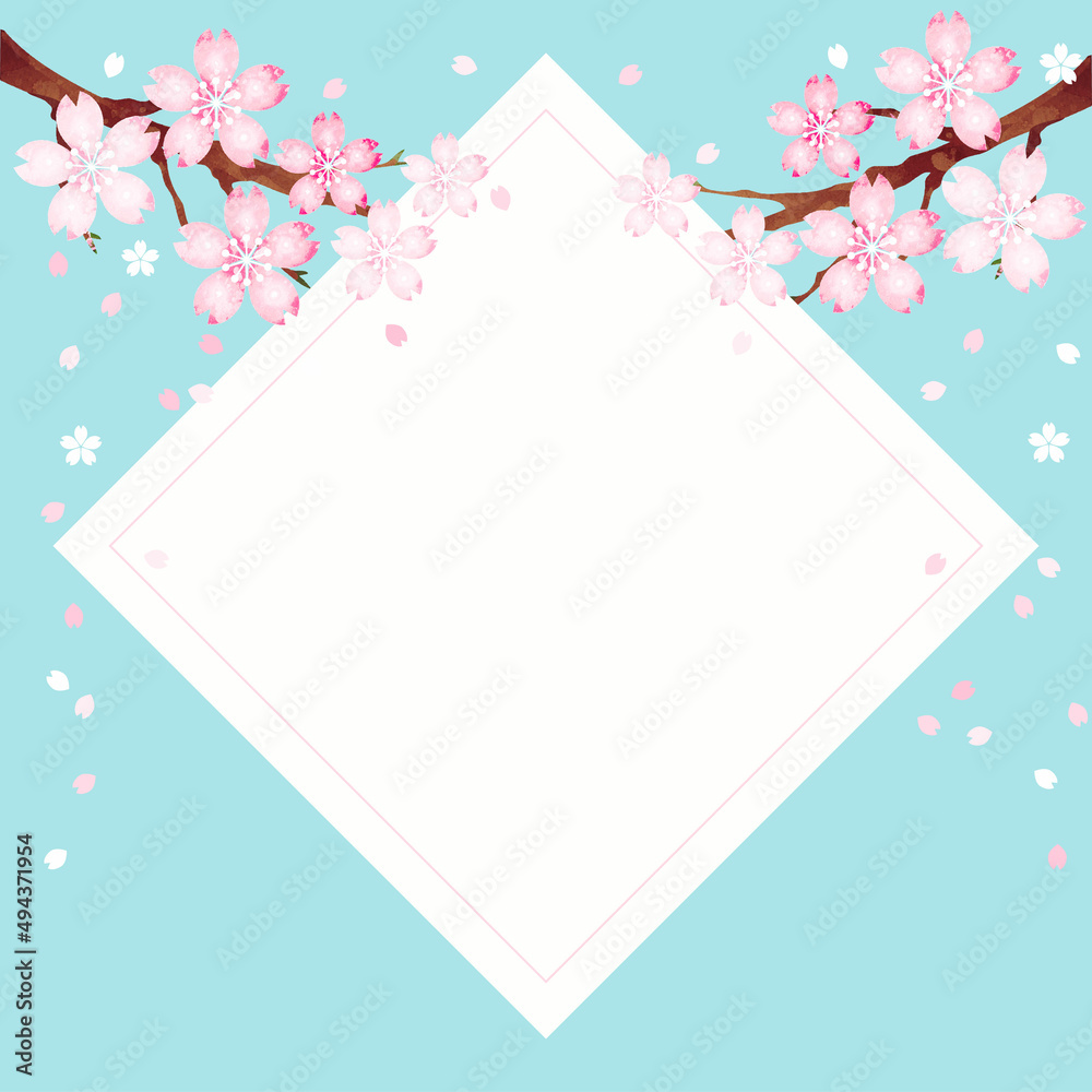 春 さくら サクラ 桜 青空 お花見 水彩 花 フレーム 枠 コピースペース