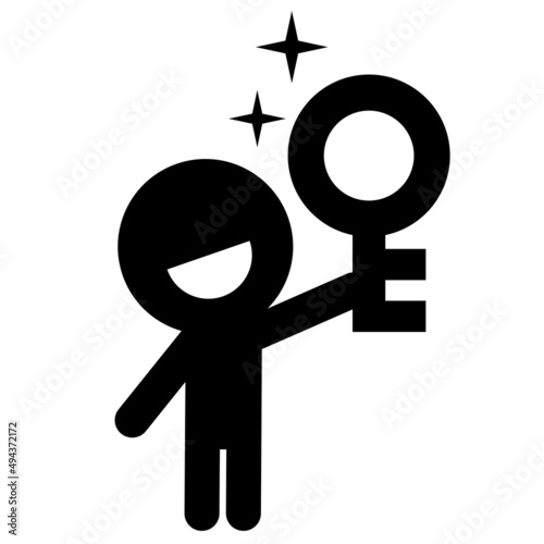 鍵を持って喜んでいる人のシンプルなピクトグラムイラスト