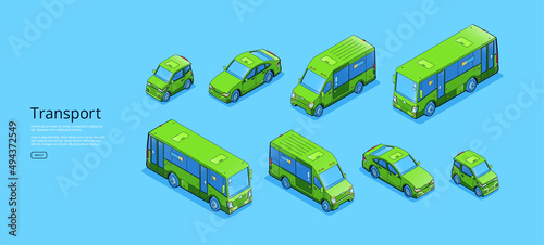 Transport banner with isometric sweeper, truck, mini van and car. Vector flat illustration of passenger automobile, minibus, cargo vehicle and city cleaning machine