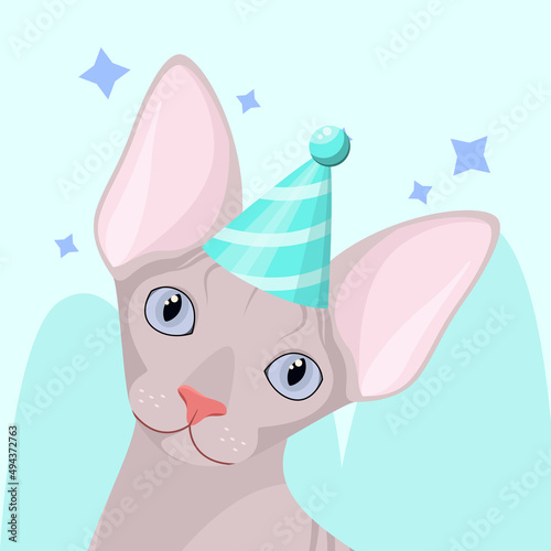 A sphinx cat with a festive cap. Cartoon design.
