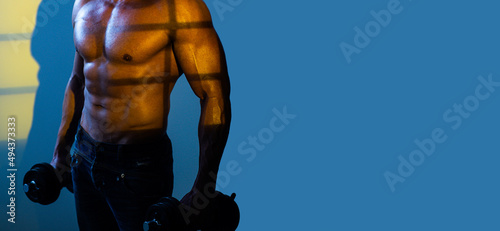 Banner templates with muscular man, muscular torso, six pack abs muscle. Man with Dumbbell. Muscular Bodybuilder Guy Doing Exercises.