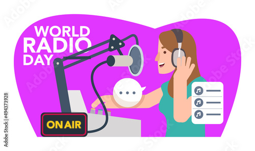 A beautiful female announcer is in the studio celebrating world radio day (ID: 494373928)